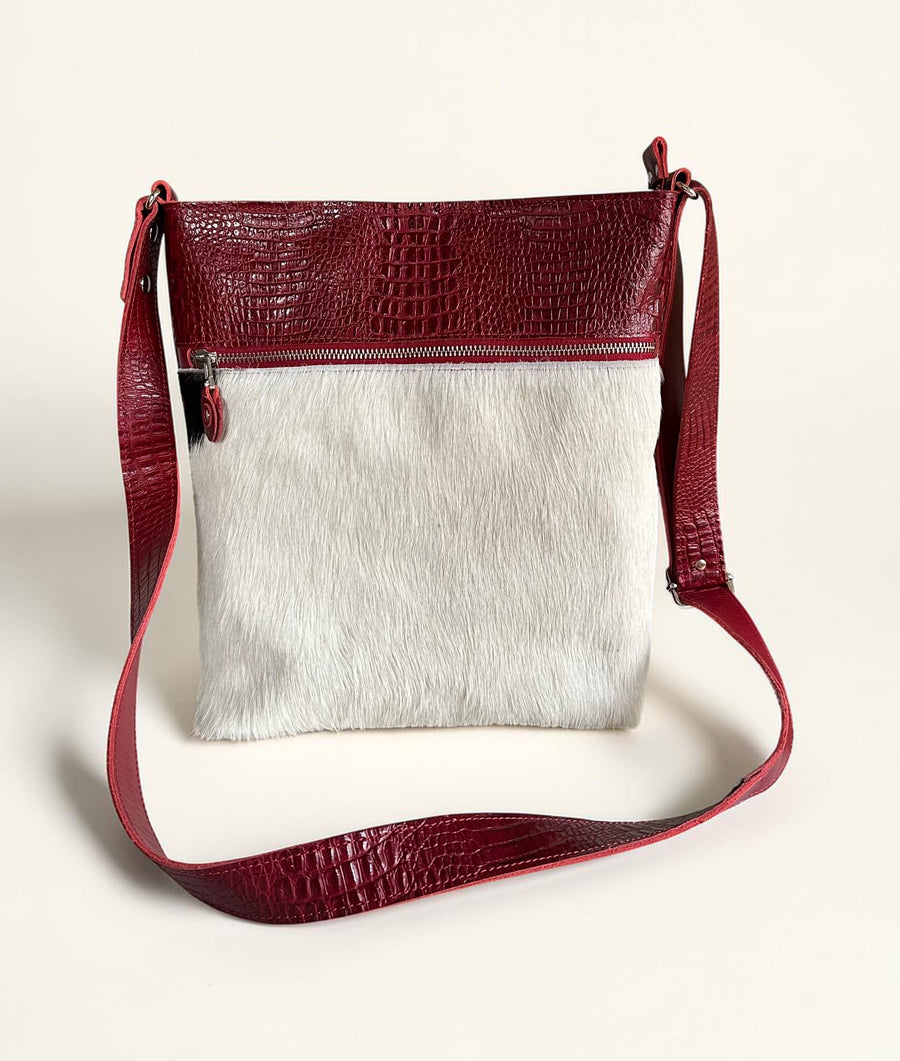 Handgemaakte leren schoudertas in rood en wit | LOT