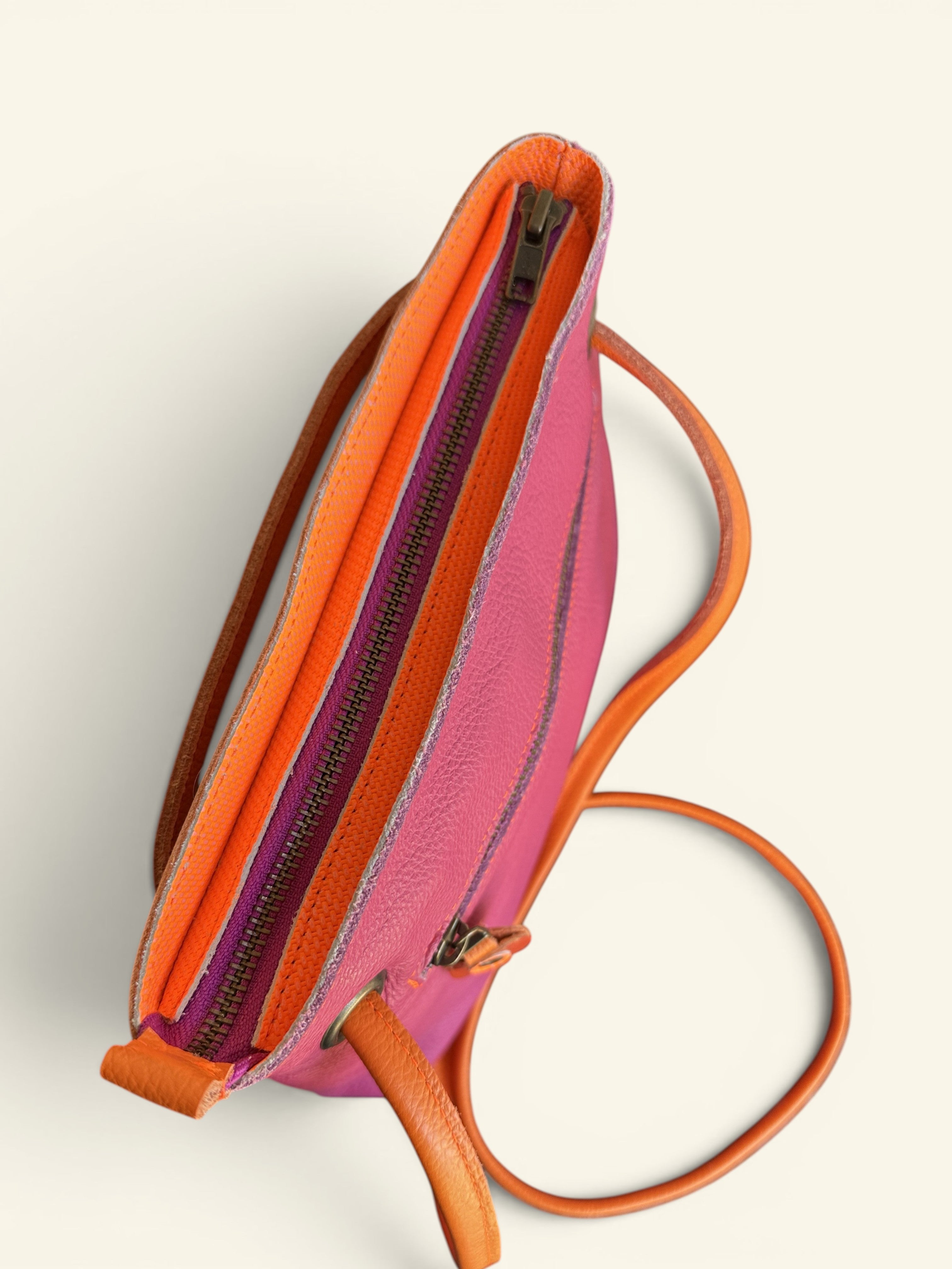 Handgemaakte leren handtas BiLLY roze / oranje met roze rits