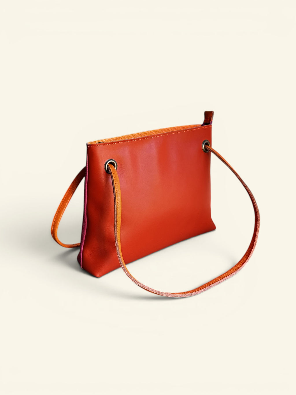 Handgemaakte leren handtas BiLLY roze / oranje met roze rits