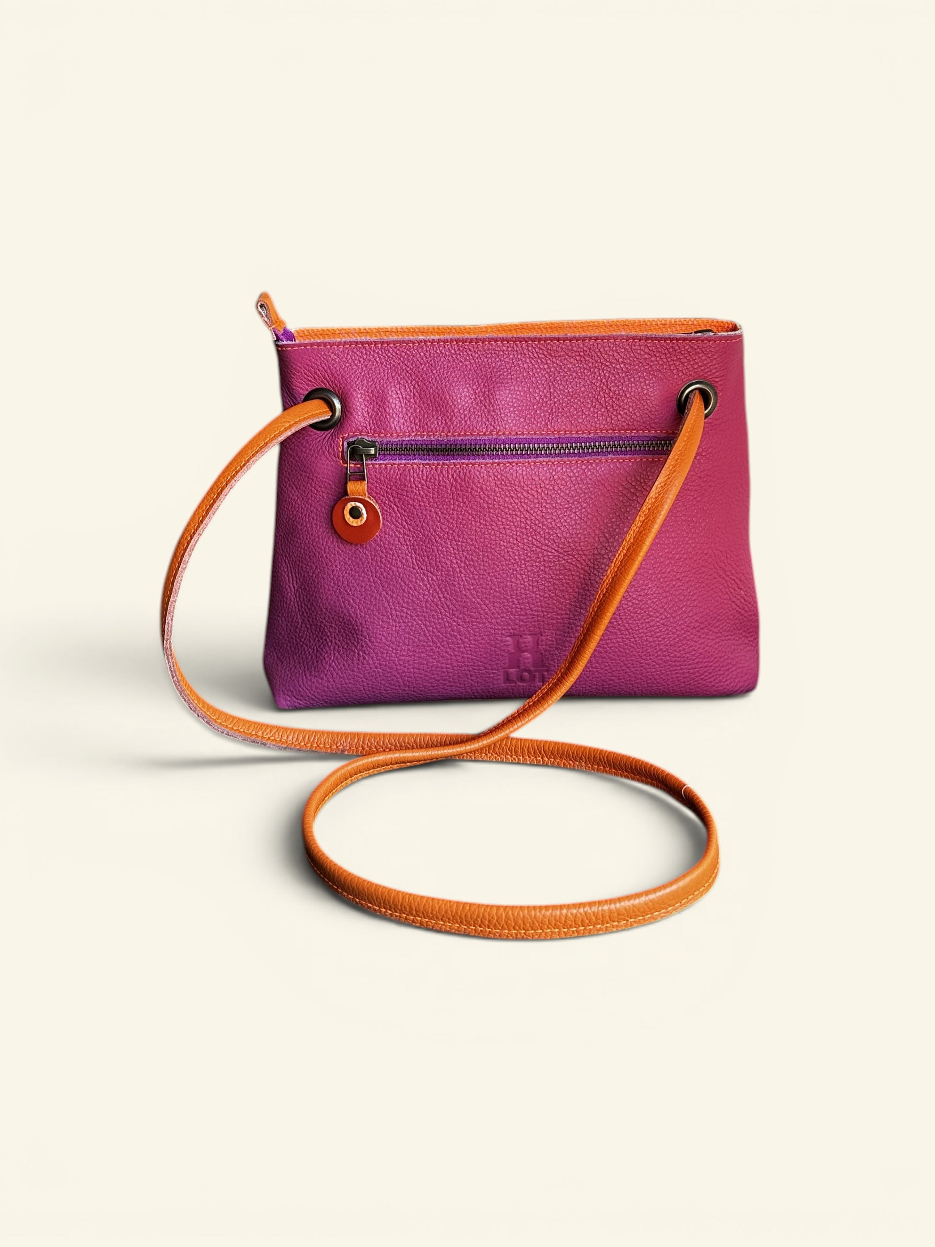 Handgemaakte leren handtas BiLLY roze / oranje met roze rits