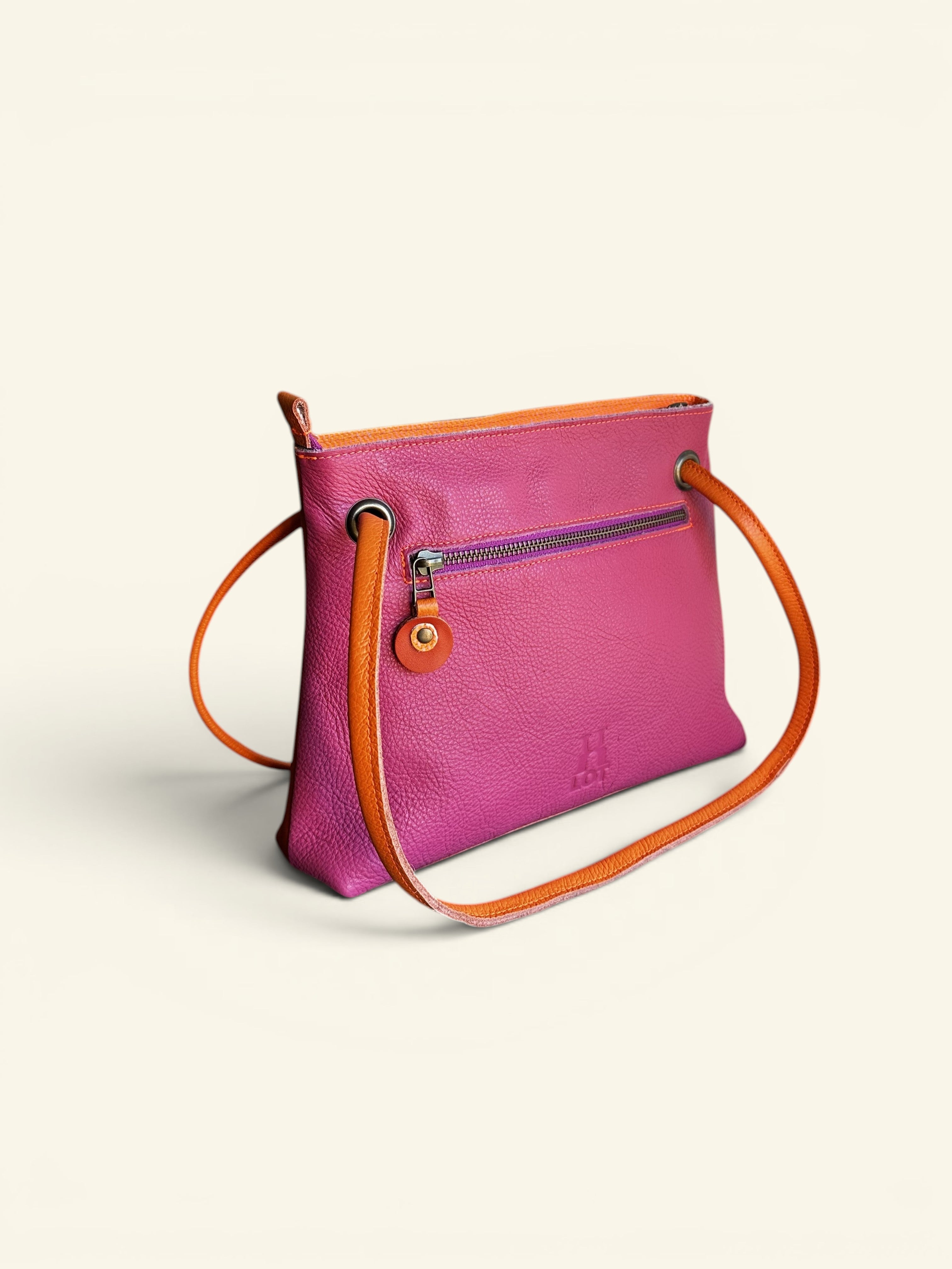 Handgemaakte leren handtas BiLLY roze / oranje met roze rits