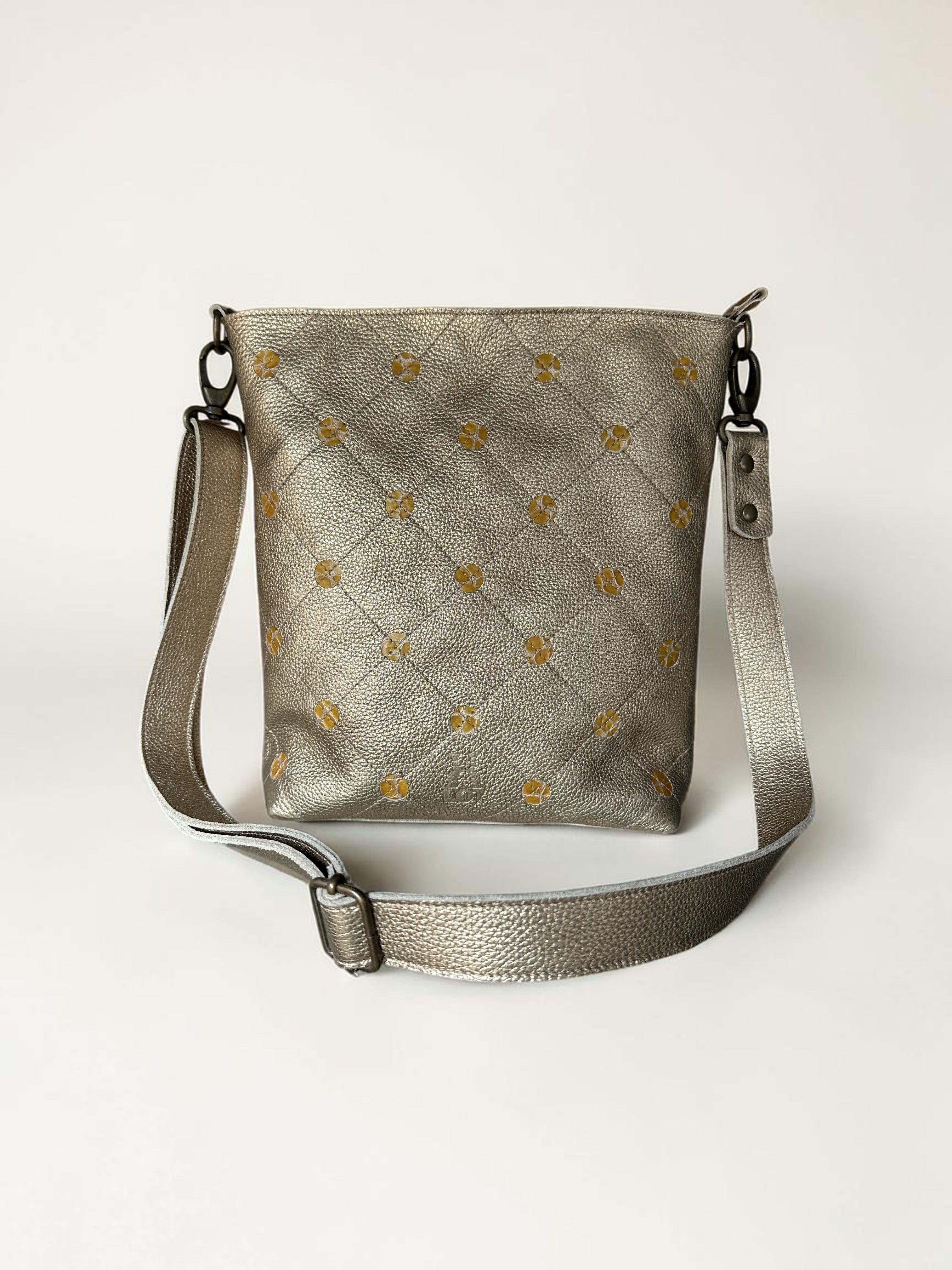 Handgemaakte schoudertas TONY goud met okergele stippen