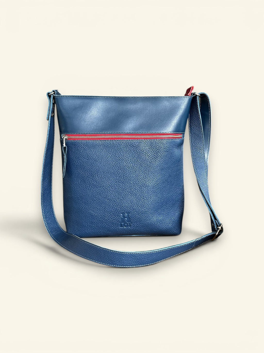 Handgemaakte schoudertas SAMMY blauw met rode rits