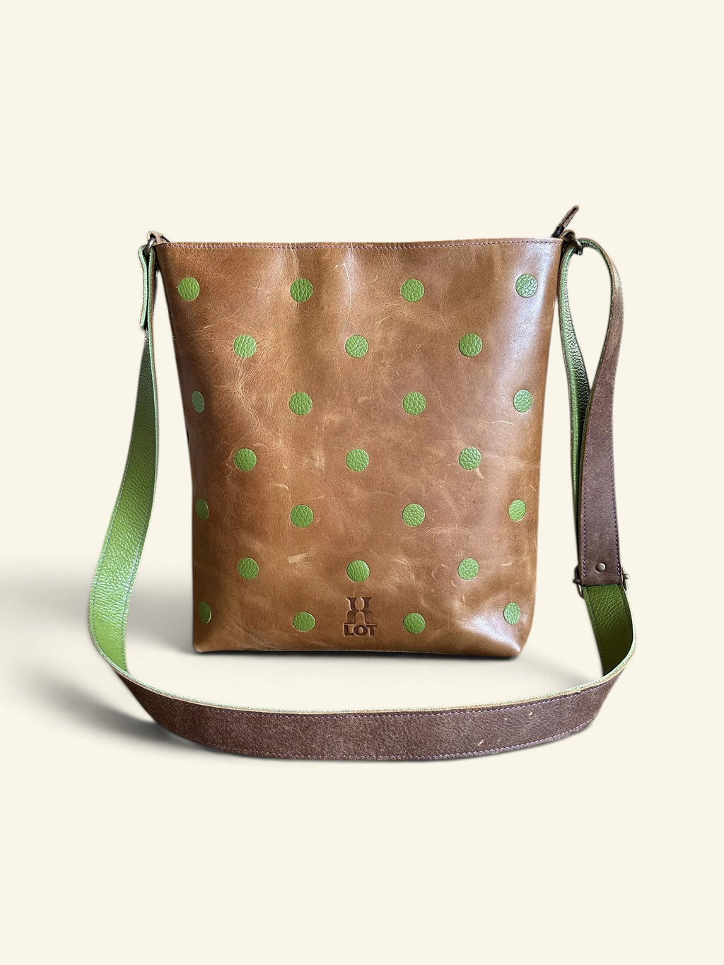 Schoudertas TONY cognac met groene stippen